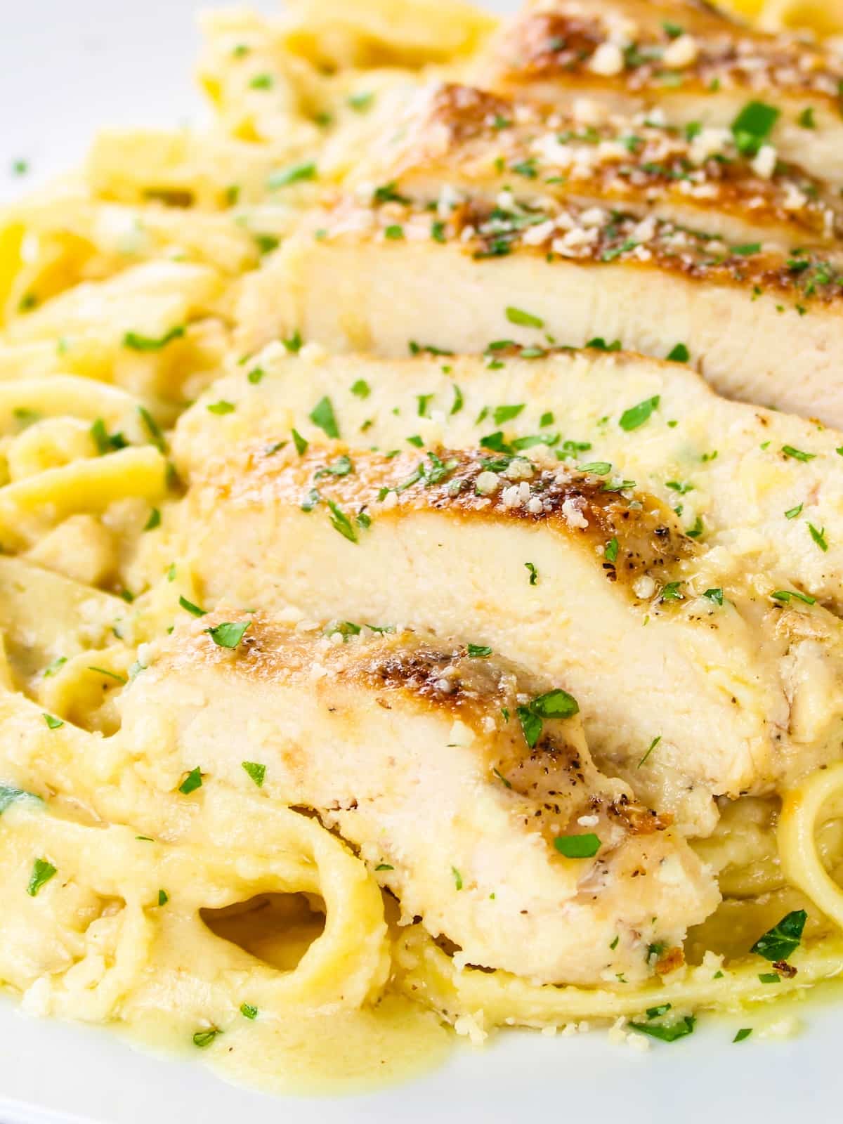 A plate of sliced chicken with Alfredo sauce and fettuccine.