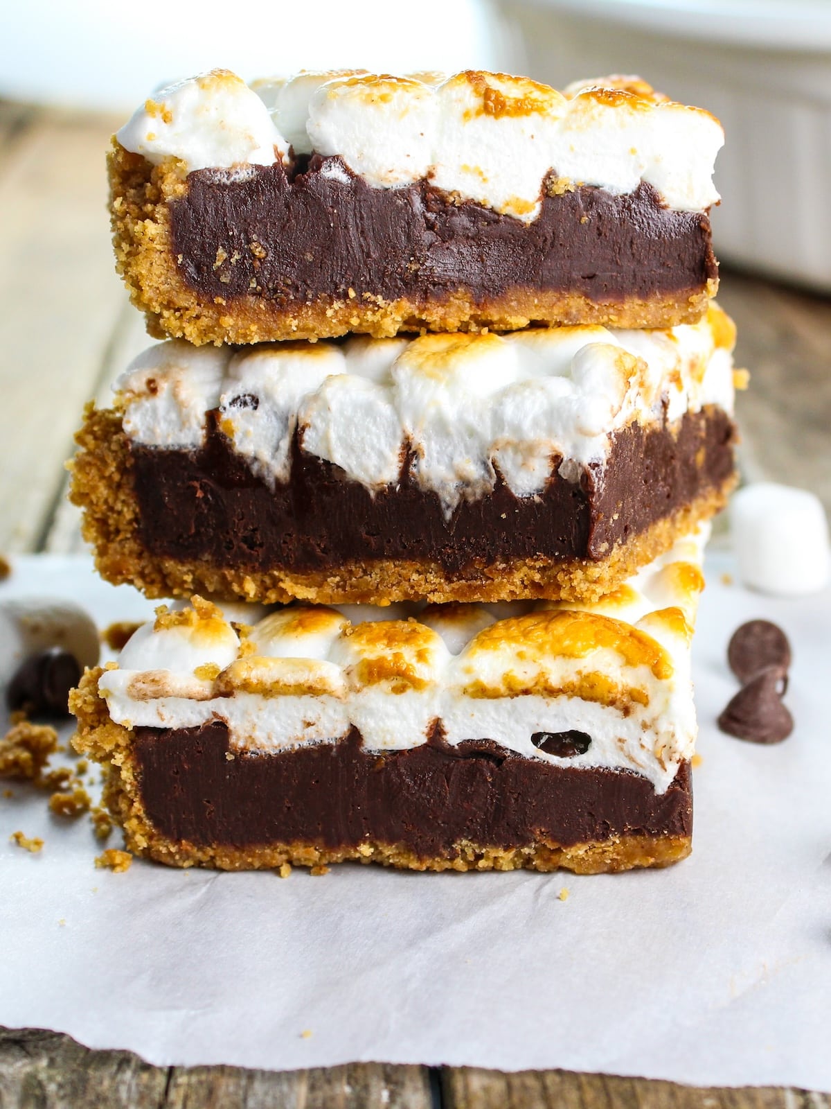 Three Nutella S'mores Bars stacked on top of each other - the perfect summer cookout menu recipe.