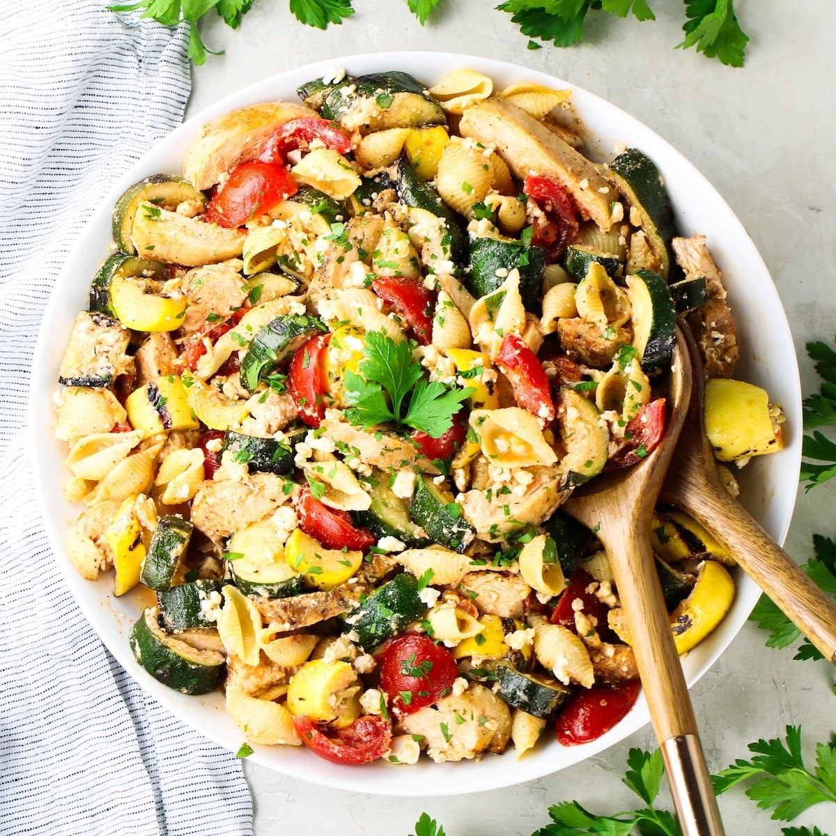 Grilled Chicken and Squash with Tomato Feta Pasta