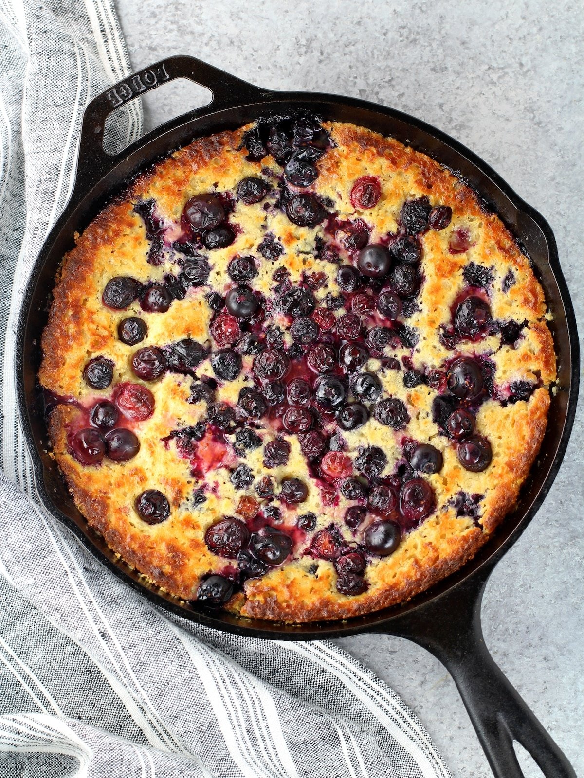 Blueberry Cobbler baked in a cast iron skillet.