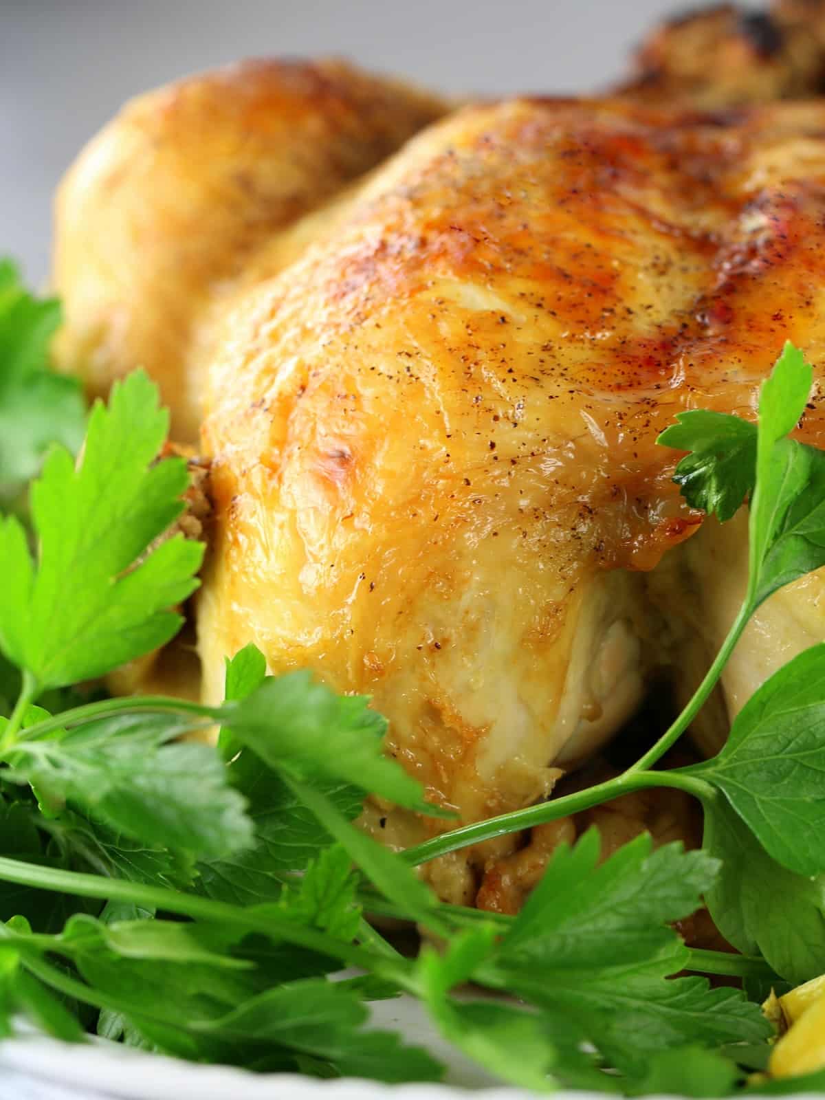 A close-up photo of a half of a cooked roaster chicken on a platter.