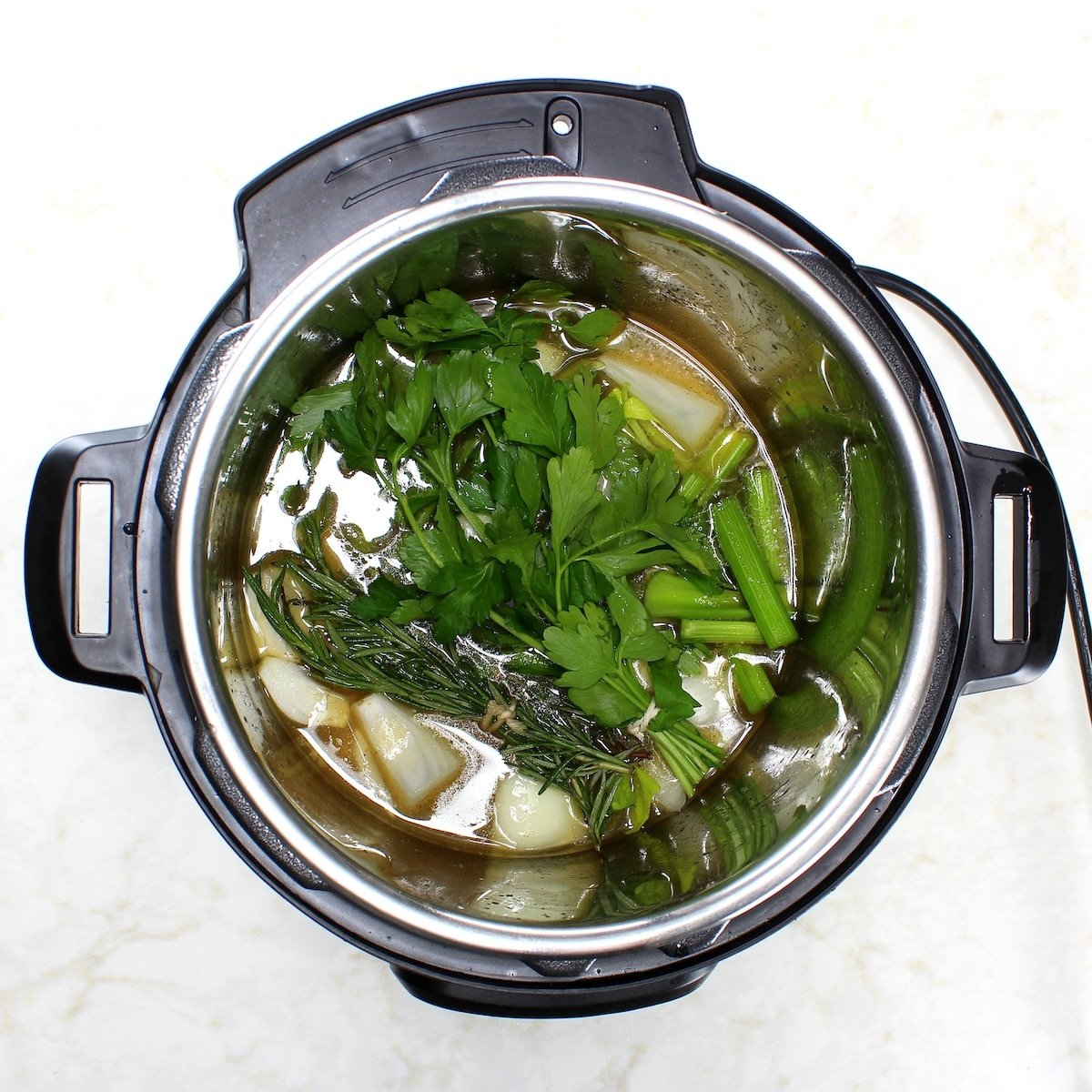 Whole Chicken Recipe - Broth, herbs and veggies in the Instant pot.