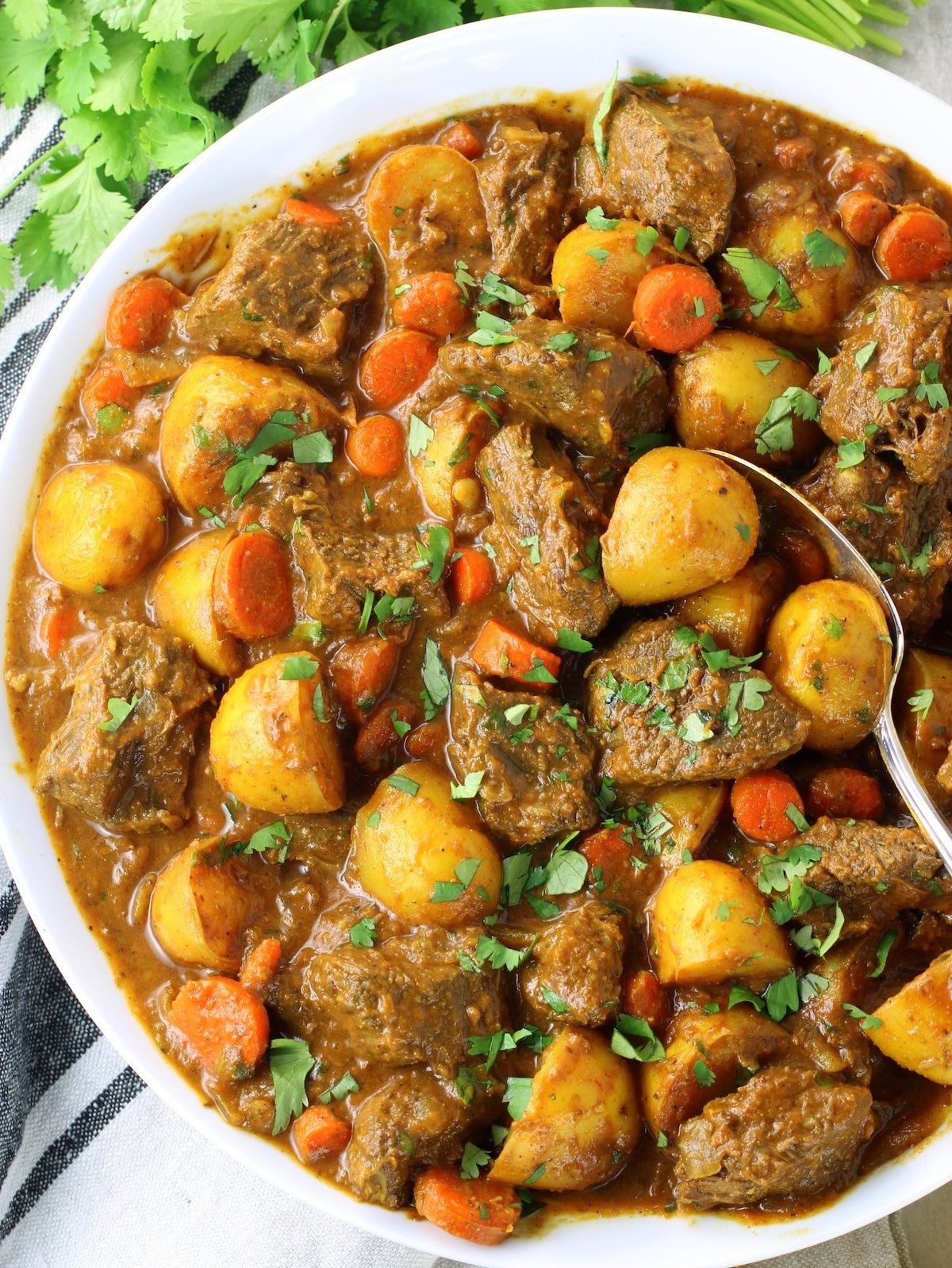 A bowl of cooked cooked beef, potatoes, other vegetables, beef stock and spices.