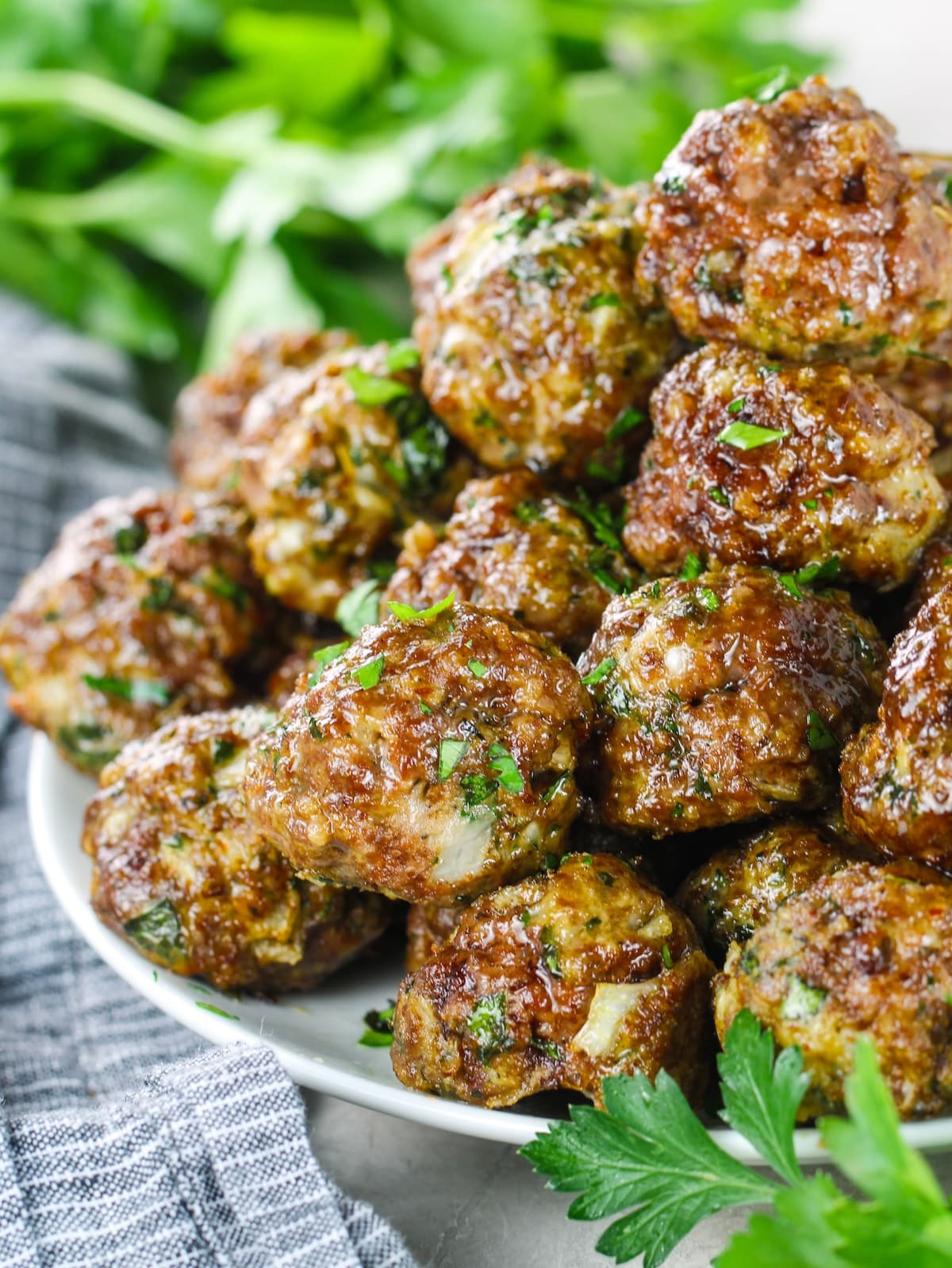 A close-up photo of a platter of meatballs.