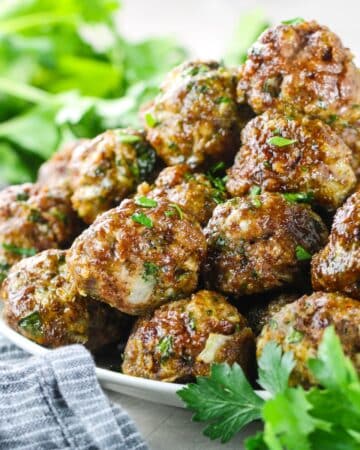 A 1200x1200 photo of a platter of Air Fryer Meatballs.