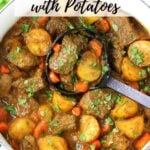 A Pinterest pin of Indian Beef Curry with Potatoes in a soup pot.