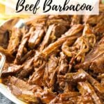 A Pinterest pin of Instant Pot Beef Barbacoa on a plate.