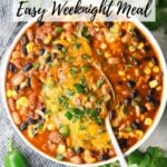 A Pinterest pin of an easy taco soup recipe in a bowl with toppings.