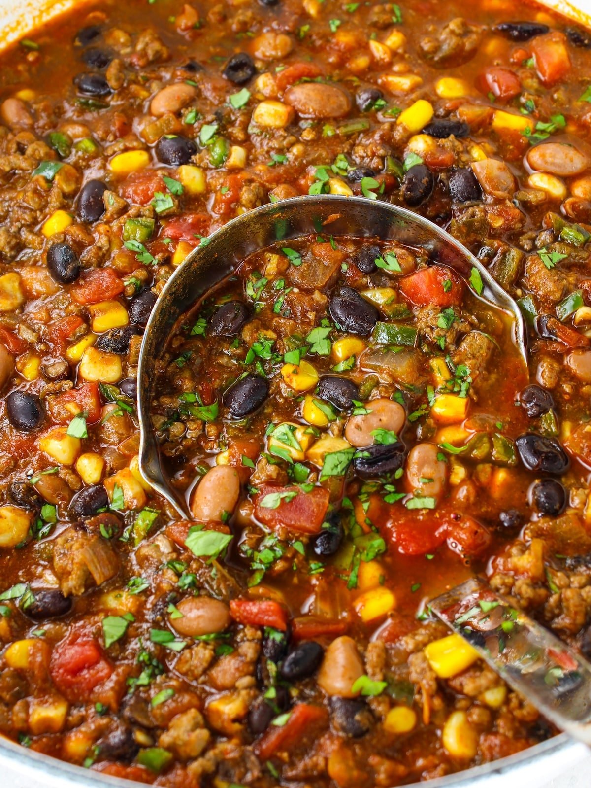 Cooked taco soup in a large Dutch oven.