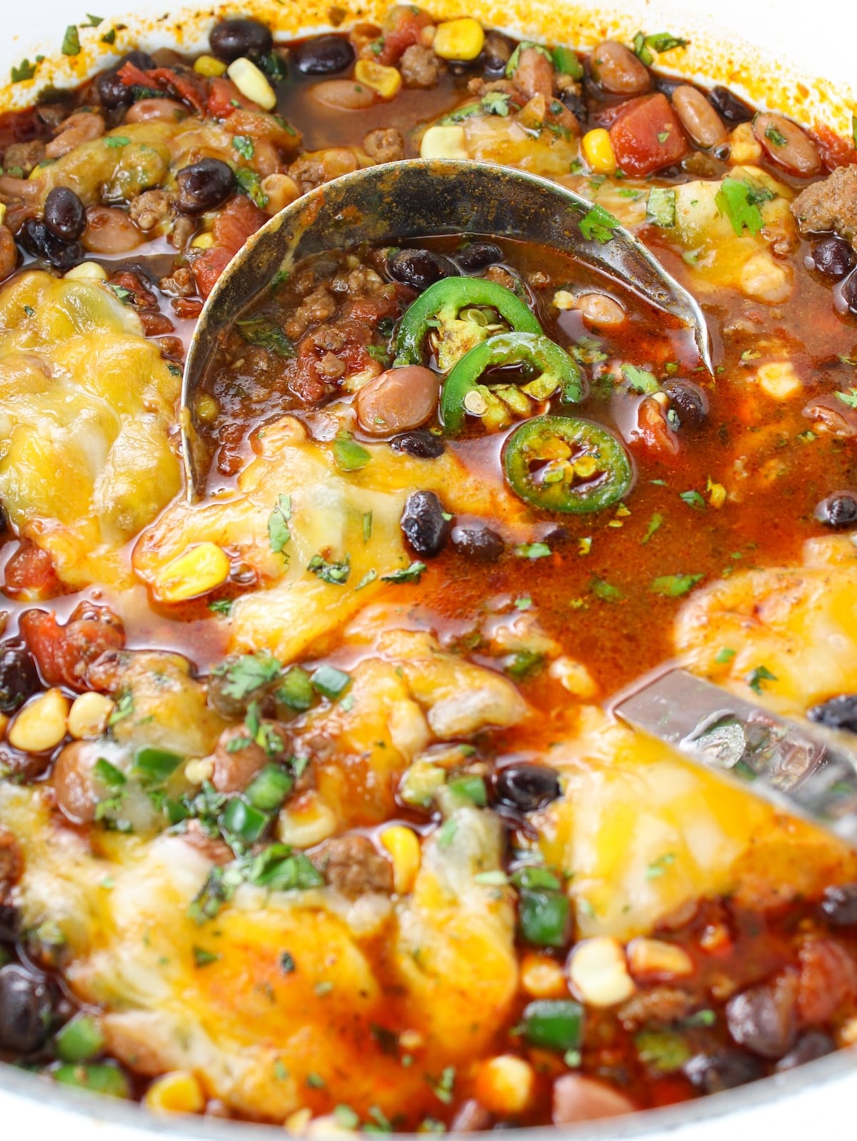 A close-up photo of easy taco soup in a Dutch oven.