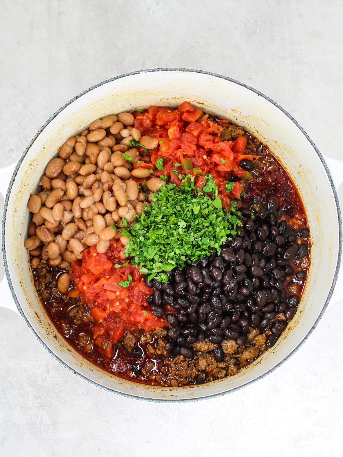 Cooked ground beef with Mexican spices, beans, canned tomatoes, veggies, cilantro, and beef bone broth.