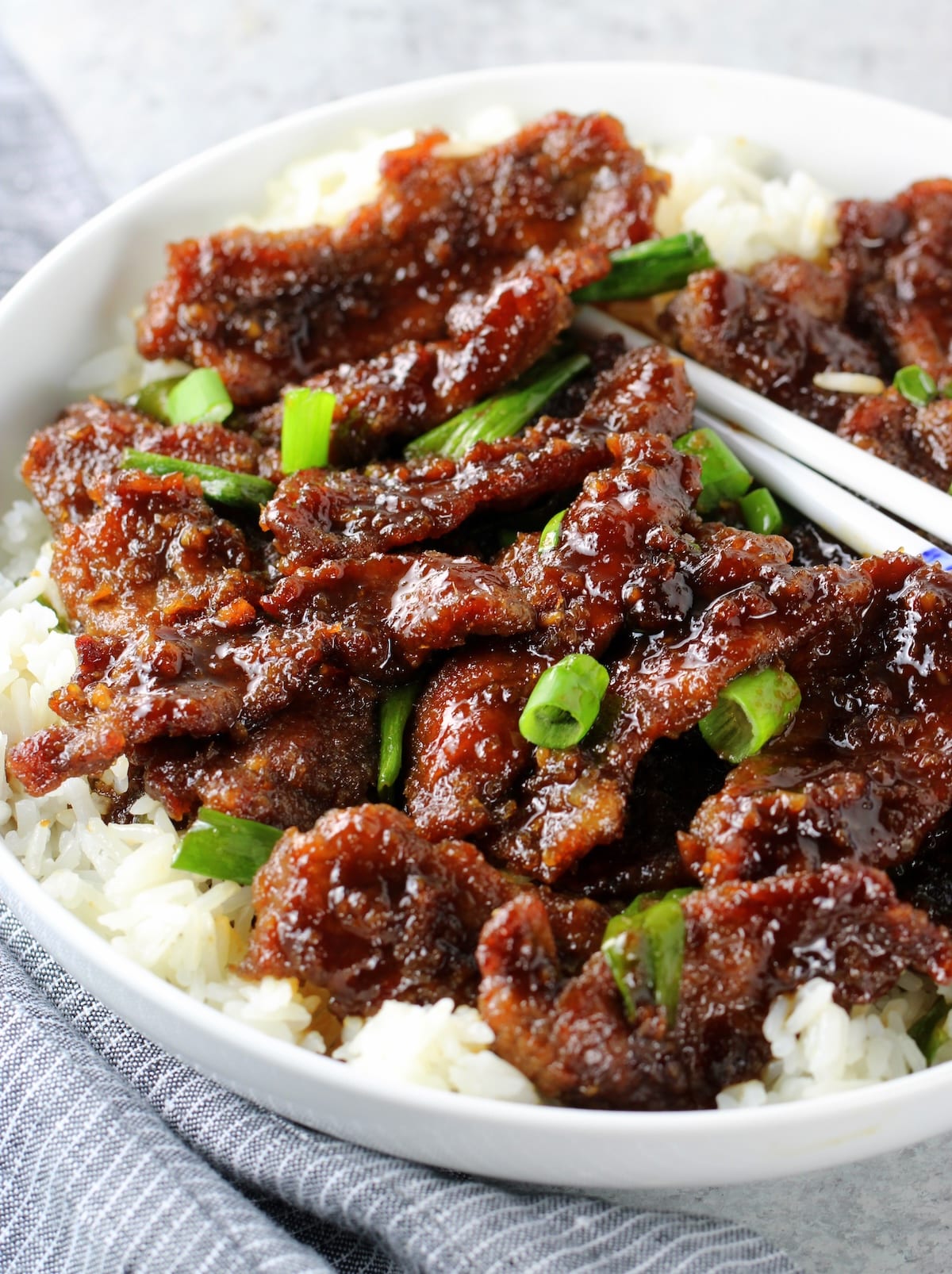 A close up of a plate of food with cooked thinly sliced steak tossed in Mongolian beef sauce.