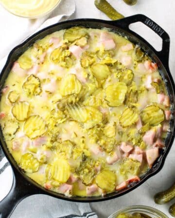 Cast iron skillet with cuban pulled pork recipe.