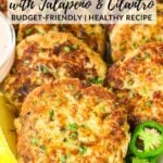 A Pinterest pin of Tuna Cakes on a plate with sliced jalapenos and lemon wedges.