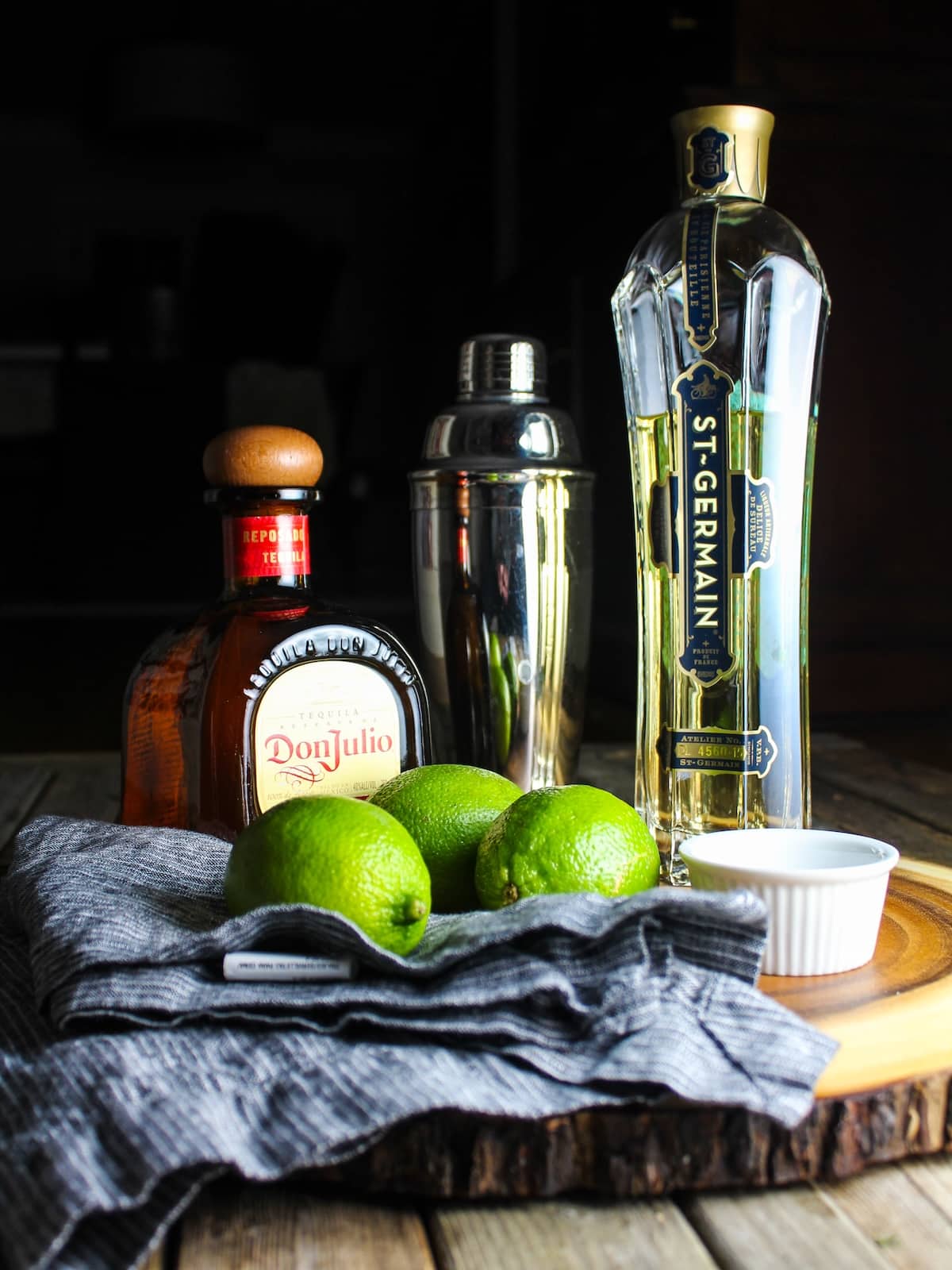 Elderflower Margarita A photo of the ingredients needed to make an elderflower margarita... Don Julio Tequilla, St Germain Liqueur, fresh limes and salt.