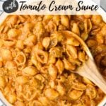 A Pinterest pin with Creamy Ground Beef and Shells with Tomato Cream Sauce in a large skillet.