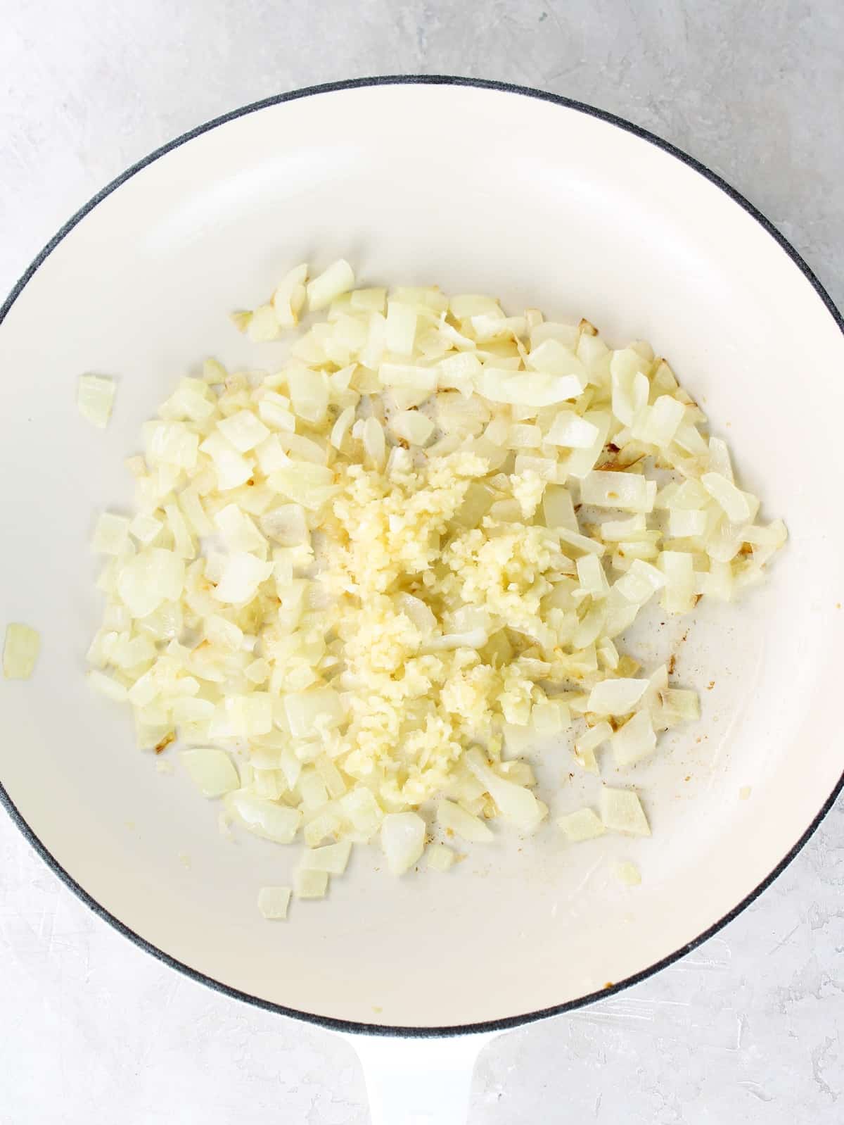 Garlic sautéeing witht he onions for the beef and pasta recipe.