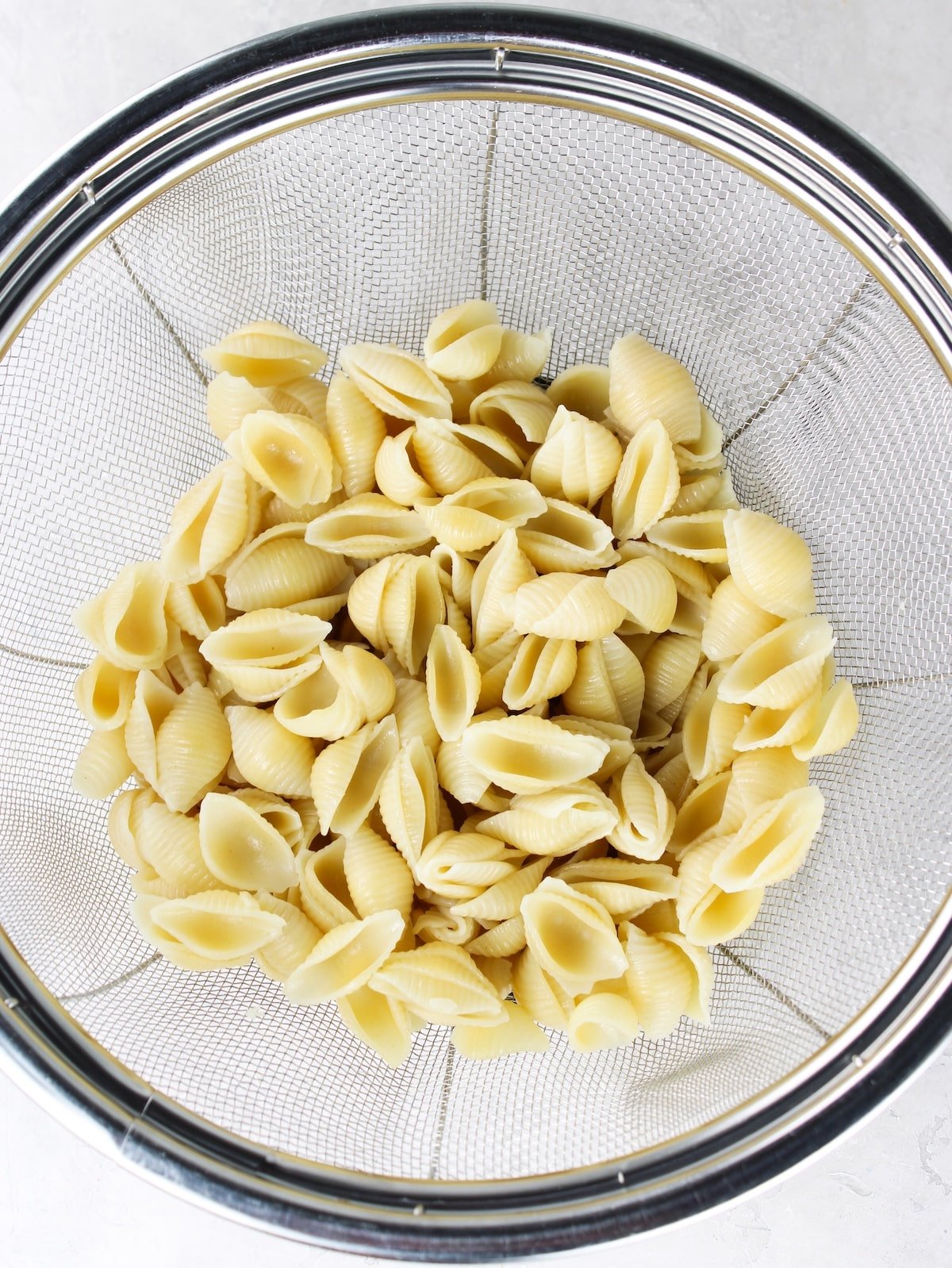 Cooked pasta shells for this creamy ground beef recipe.