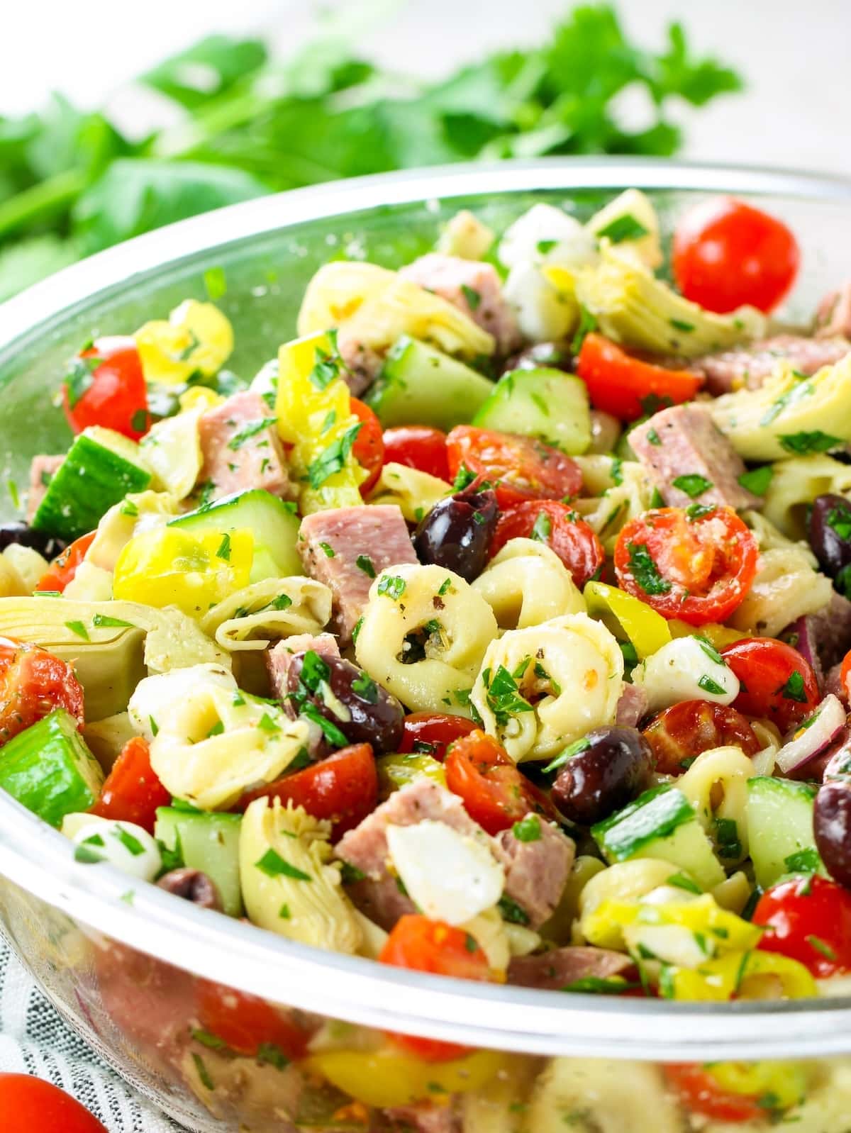 Bowl of Italian Tortellini Pasta Salad A large bowl with filled with Italian pasta salad.