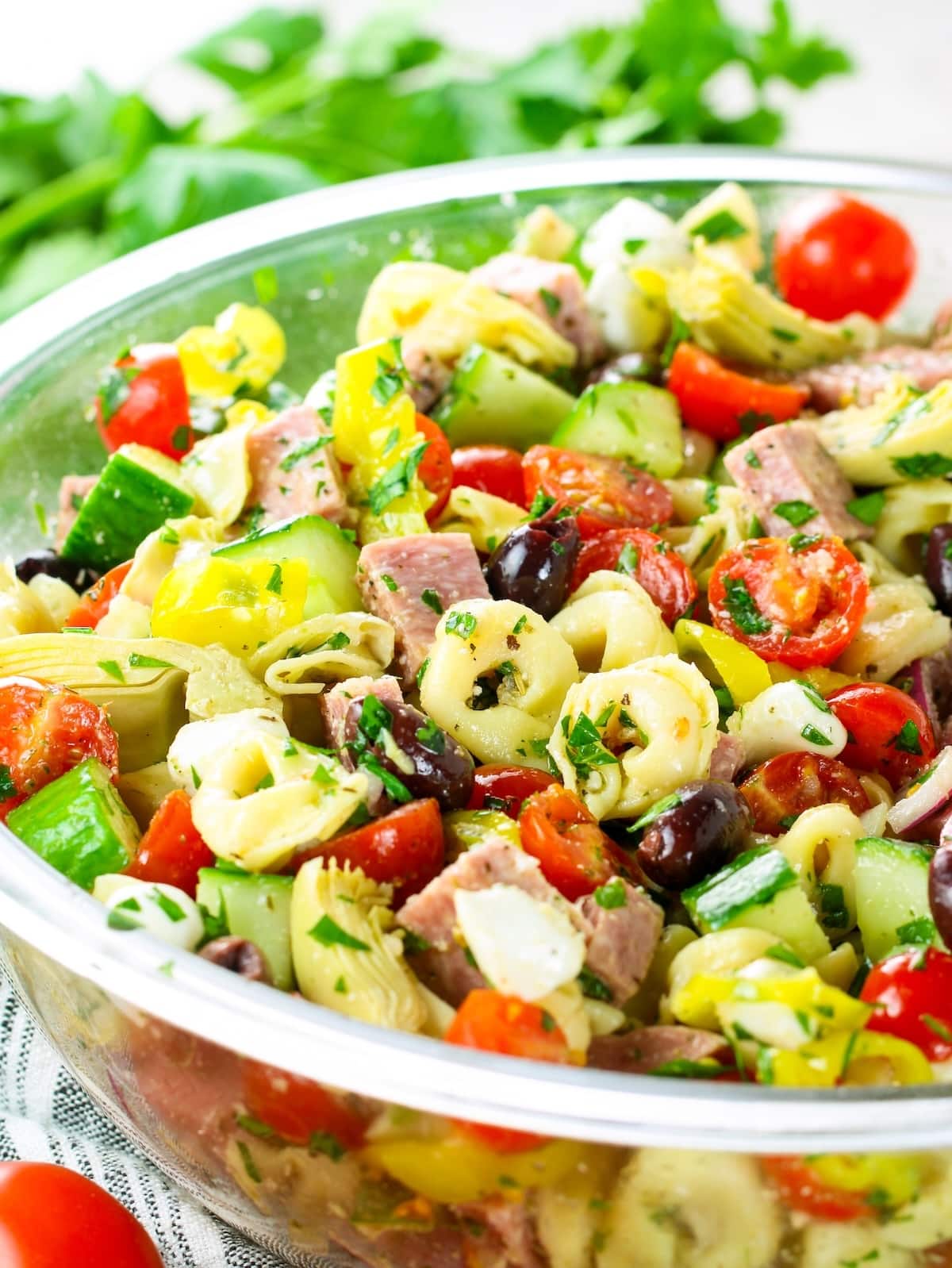 How to make Italian Tortellini Pasta Salad - all the ingredients combined.