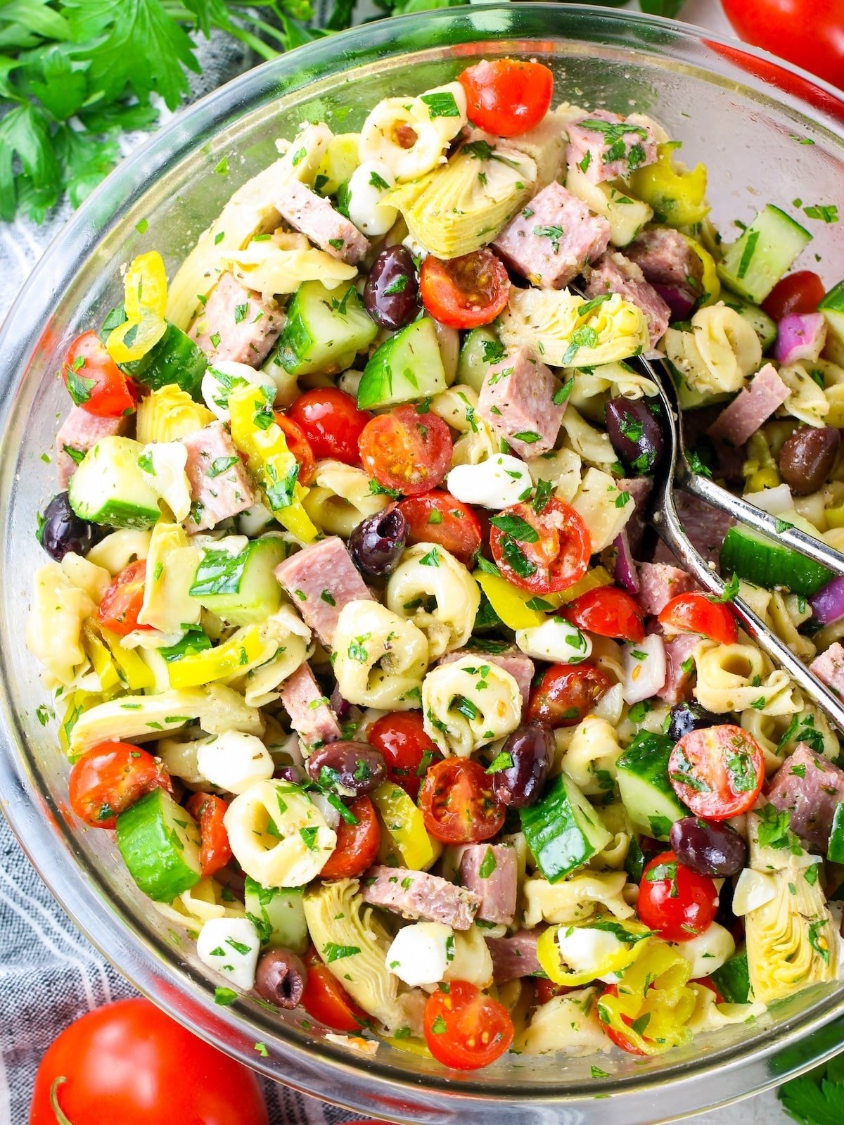How to make Italian Tortellini Pasta Salad Italian Tortellini Pasta Salad recipe in a large bowl.