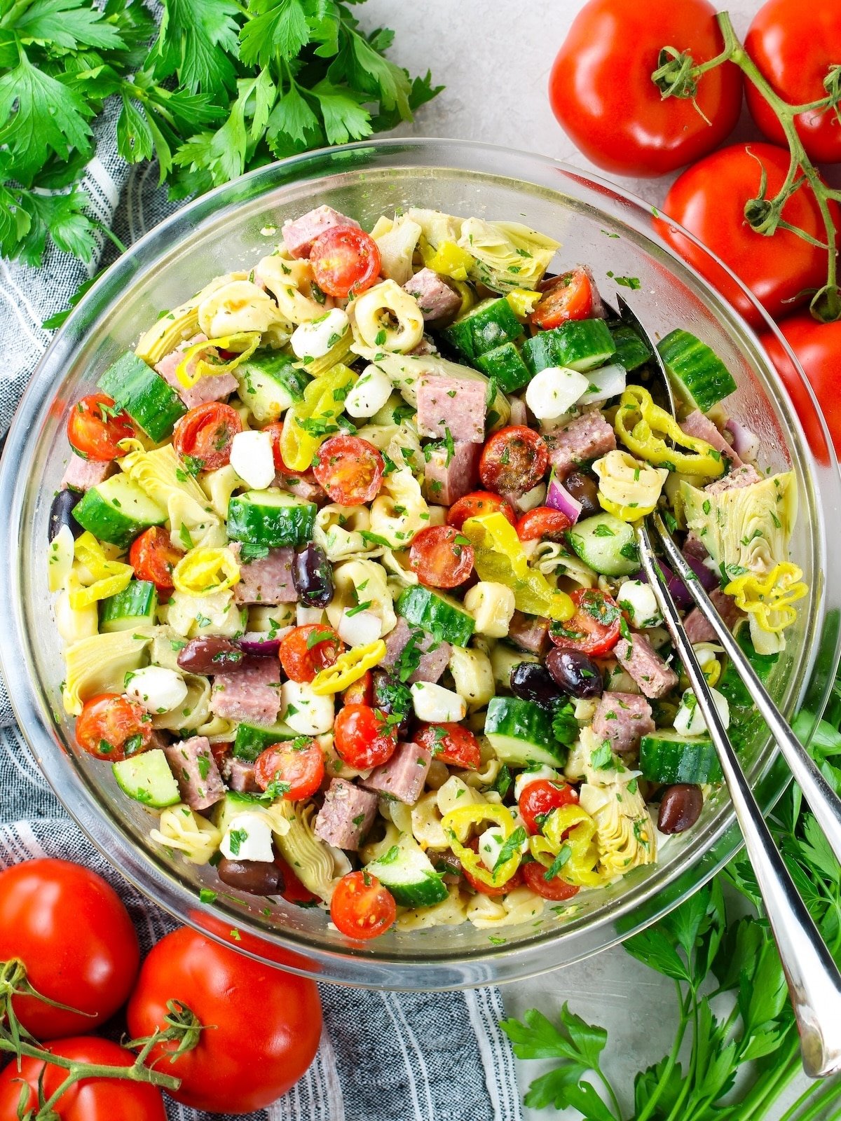 Italian Tortellini Pasta Salad Italian Tortellini Pasta Salad in a large bowl.