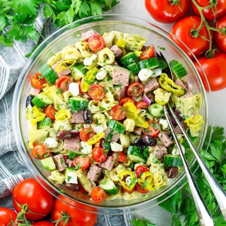 A 1200x1200 square photo of Italian Tortellini Pasta Salad.