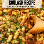 A slow cooker with an American goulash recipe ready to serve and enjoy.