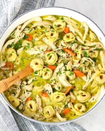 A large pot with Easy Chicken Tortellini Soup.