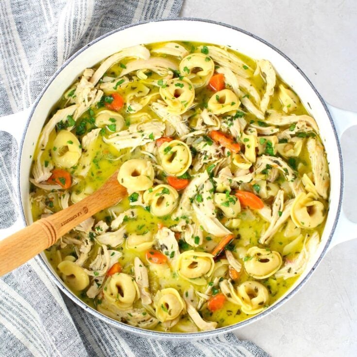 A large pot with Easy Chicken Tortellini Soup.