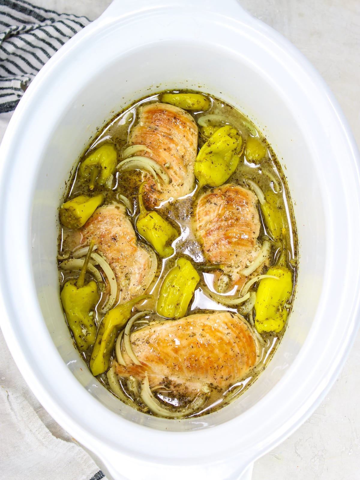 Mississippi chicken recipe cooked for 3.5 hours in a crockpot.