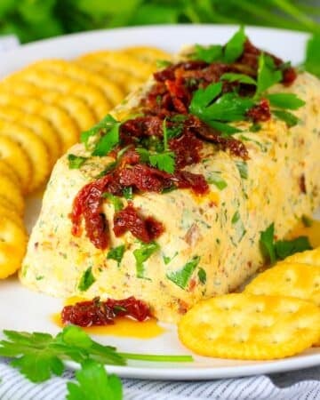 A cheese log with cream cheese, sour cream, bacon, sundried tomatoes, green onions, parsley and ranch seasoning.