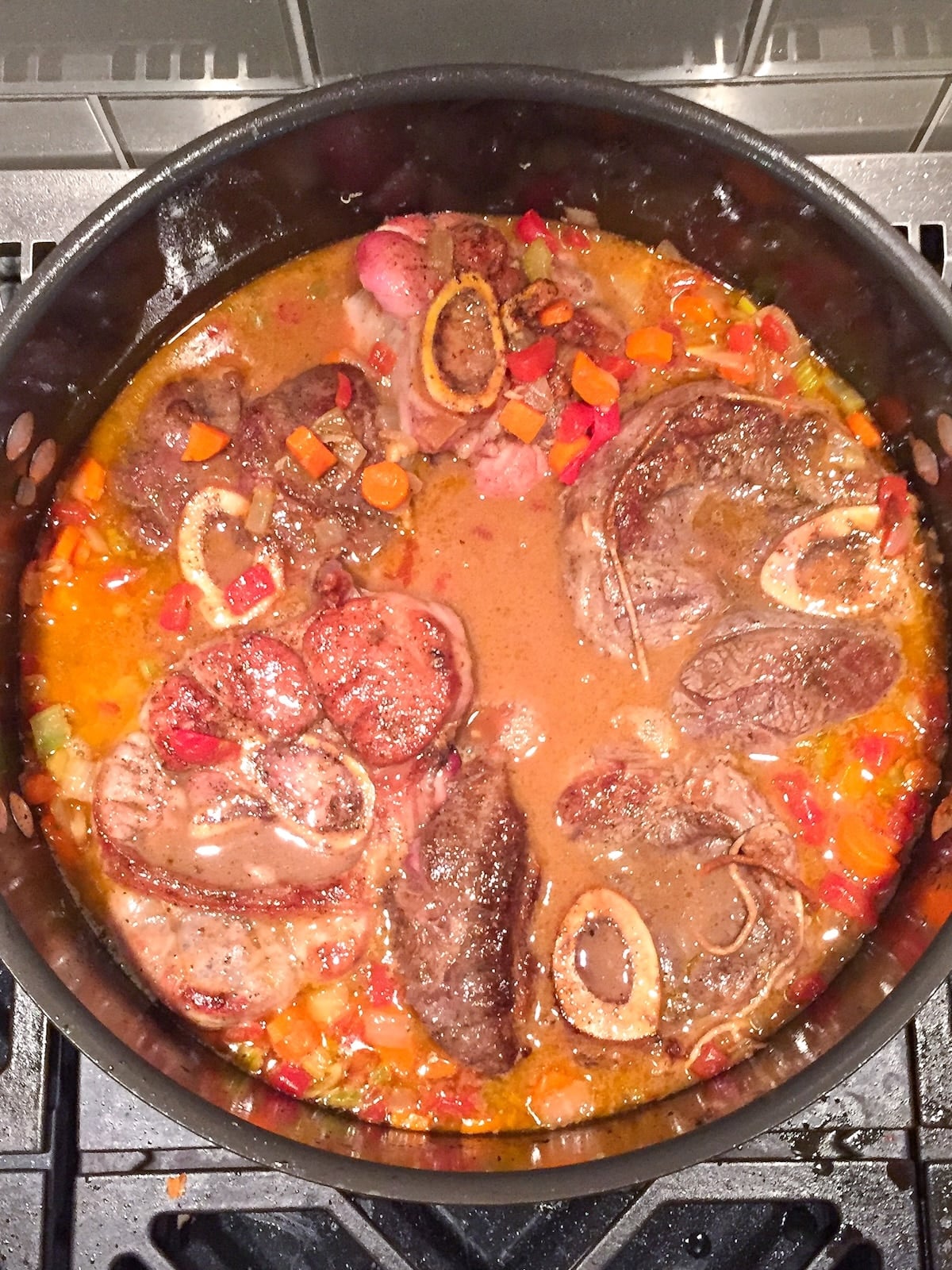 Veal Osso Buco ready to be slow-braised in the oven.