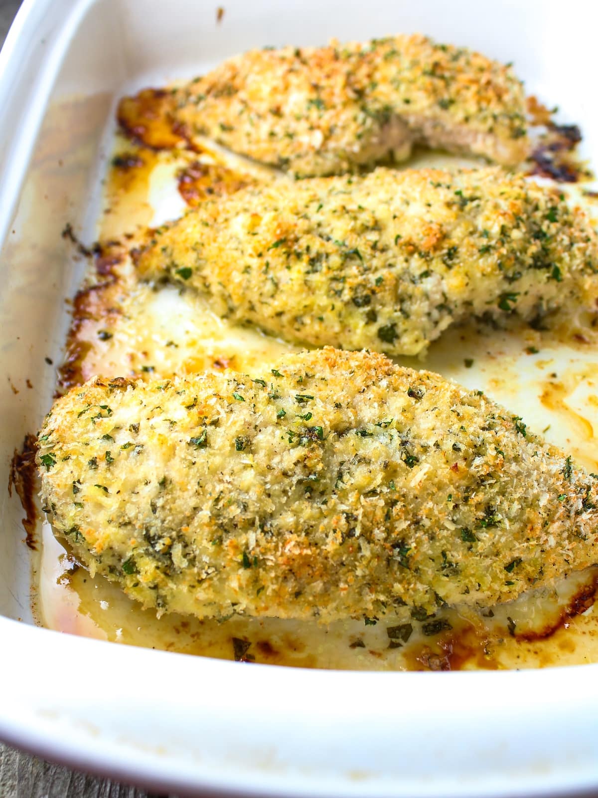 An eye level photo of Parmesan crusted chicken breasts oven-baked in 9x13 casserole dish.