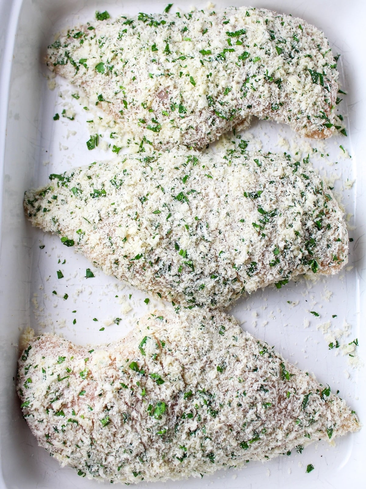 Parmesan crusted chicken breasts in a greased 9x13 dish before baking.