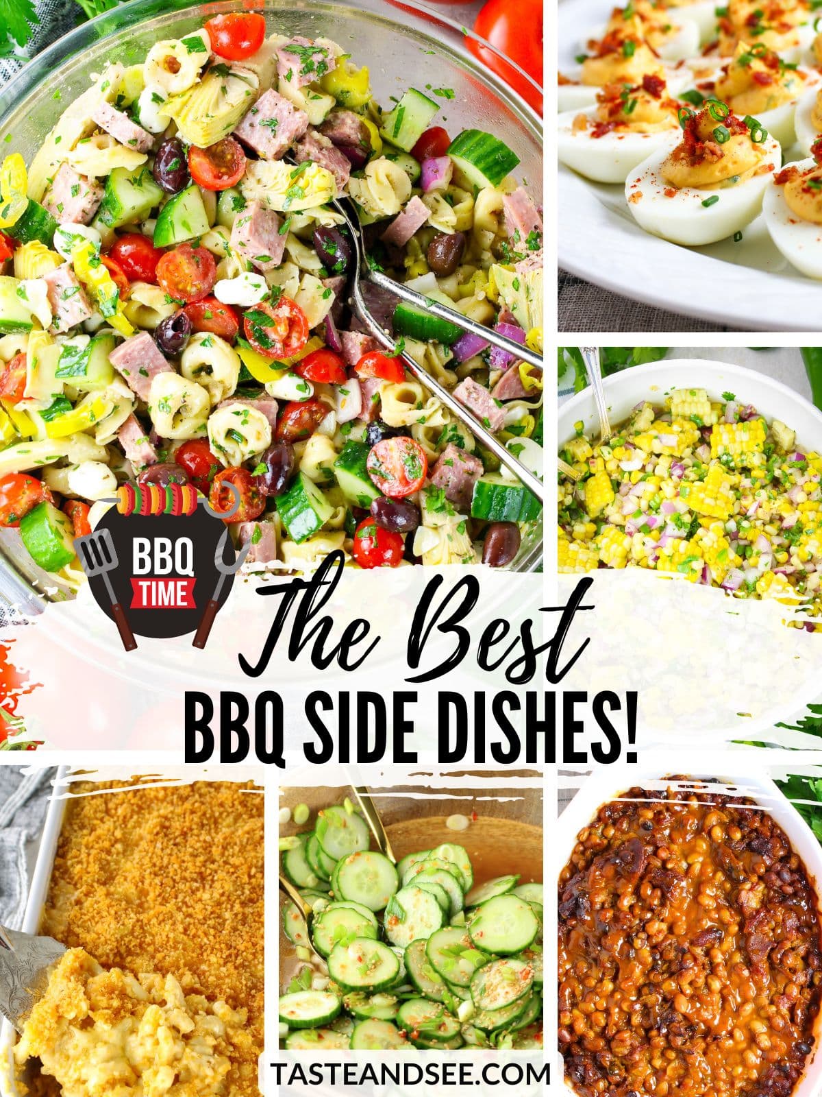 A collage of the best BBQ side dishes including Italian tortellini pasta salad, deviled eggs, corn salad, mac and cheese, cucumber salad, and BBQ baked beans