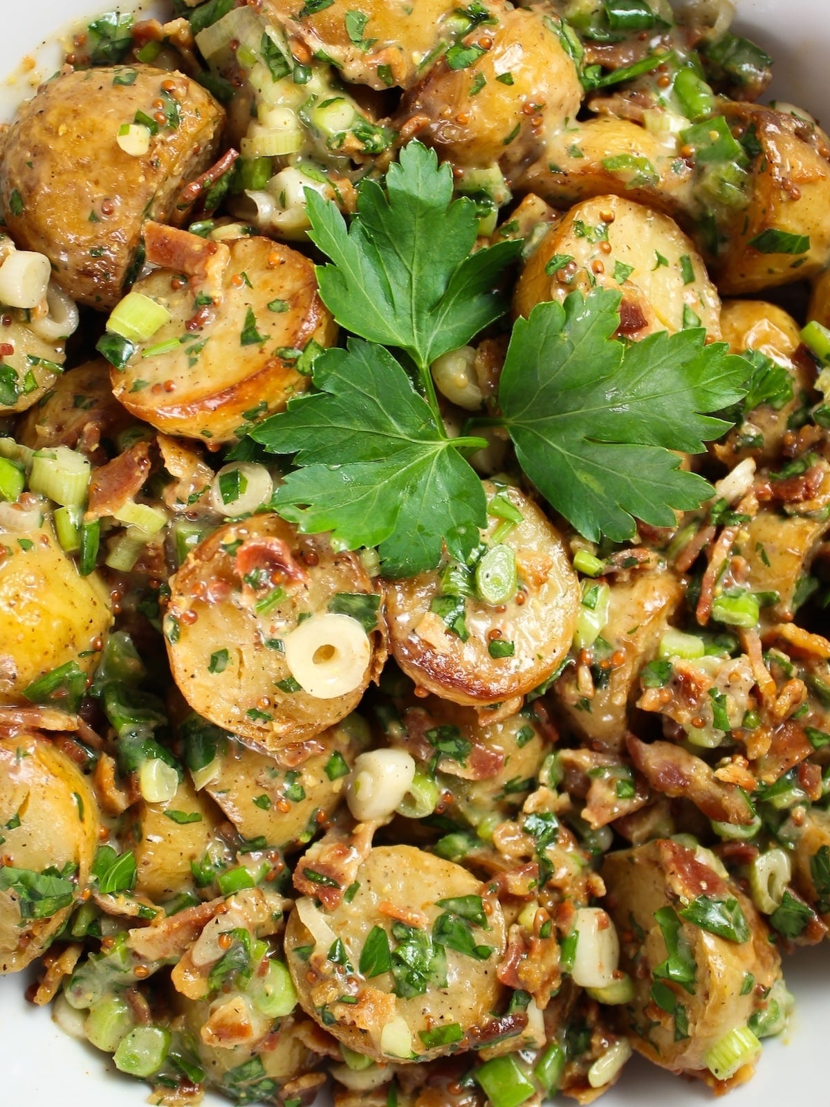 Detailed view of Salt and Vinegar Potato Salad made with Yukon Gold potatoes, bacon, and fresh herbs